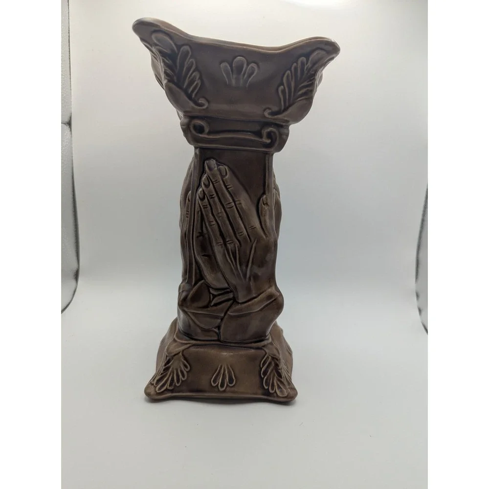 Vintage 1974 Praying Hands Ky Mold Kentucky Pedestal Candle Holder Brown Ceramic